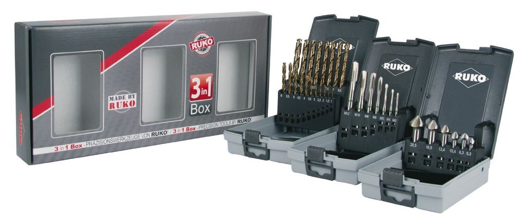 RUKO 3in1-Box HSS - Bohren, schneiden, senken - Komplettset für Gewindeschneiden – 131003