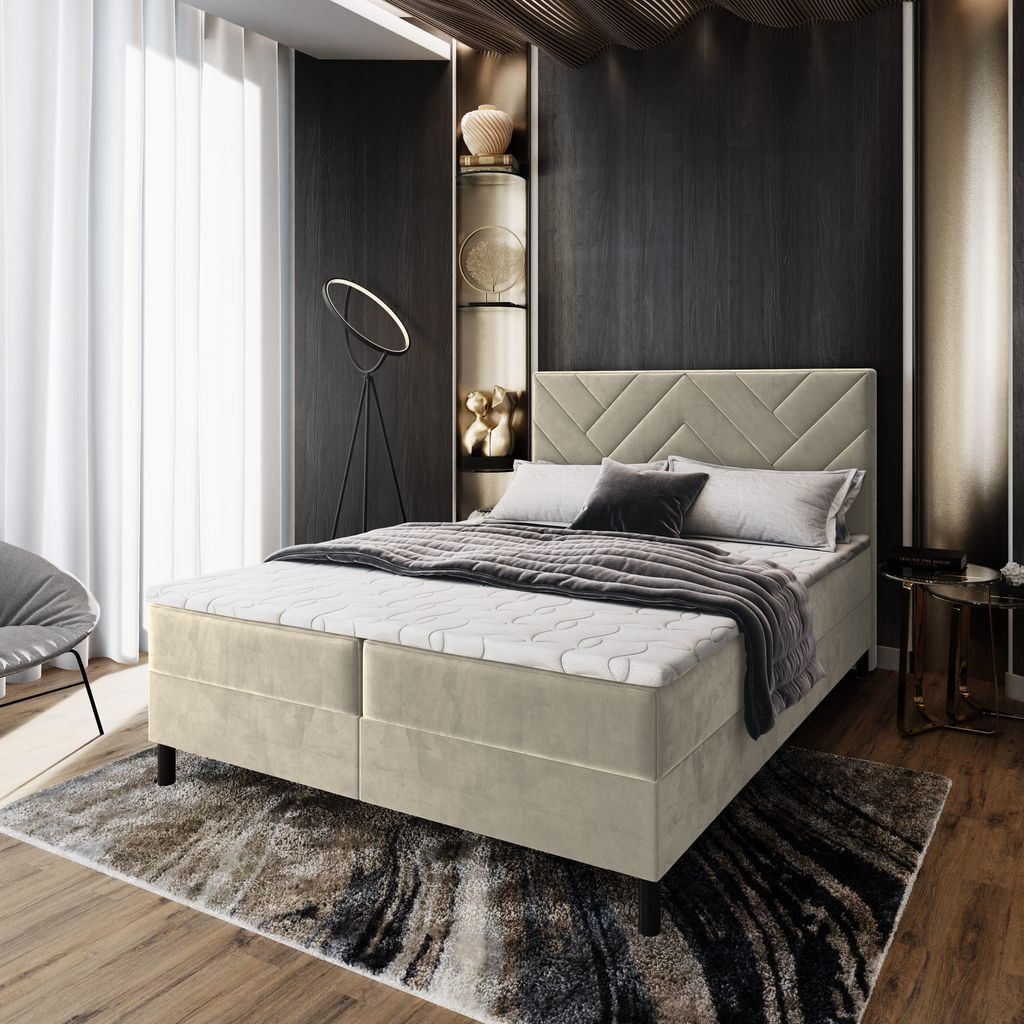 Masseno Boxspringbett ROKIS 140x200 cm Komplett-Set mit Bonell Matratze und Topper, Polsterbett mit Bettkästen -Creme, MONOLITH 04