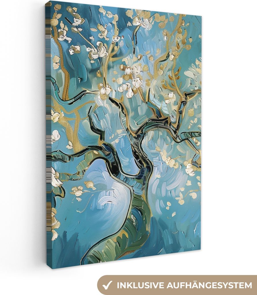 MuchoWow - Leinwandbilder - Mandelblütenbaum - Blau - Abstrakt, Wandbild, Wanddeko Bilder Wohnzimmer, 40x60 cm