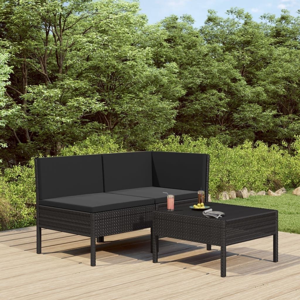 The Living Store 3-tlg. Garten-Lounge-Set mit Auflagen Poly Rattan Schwarz
