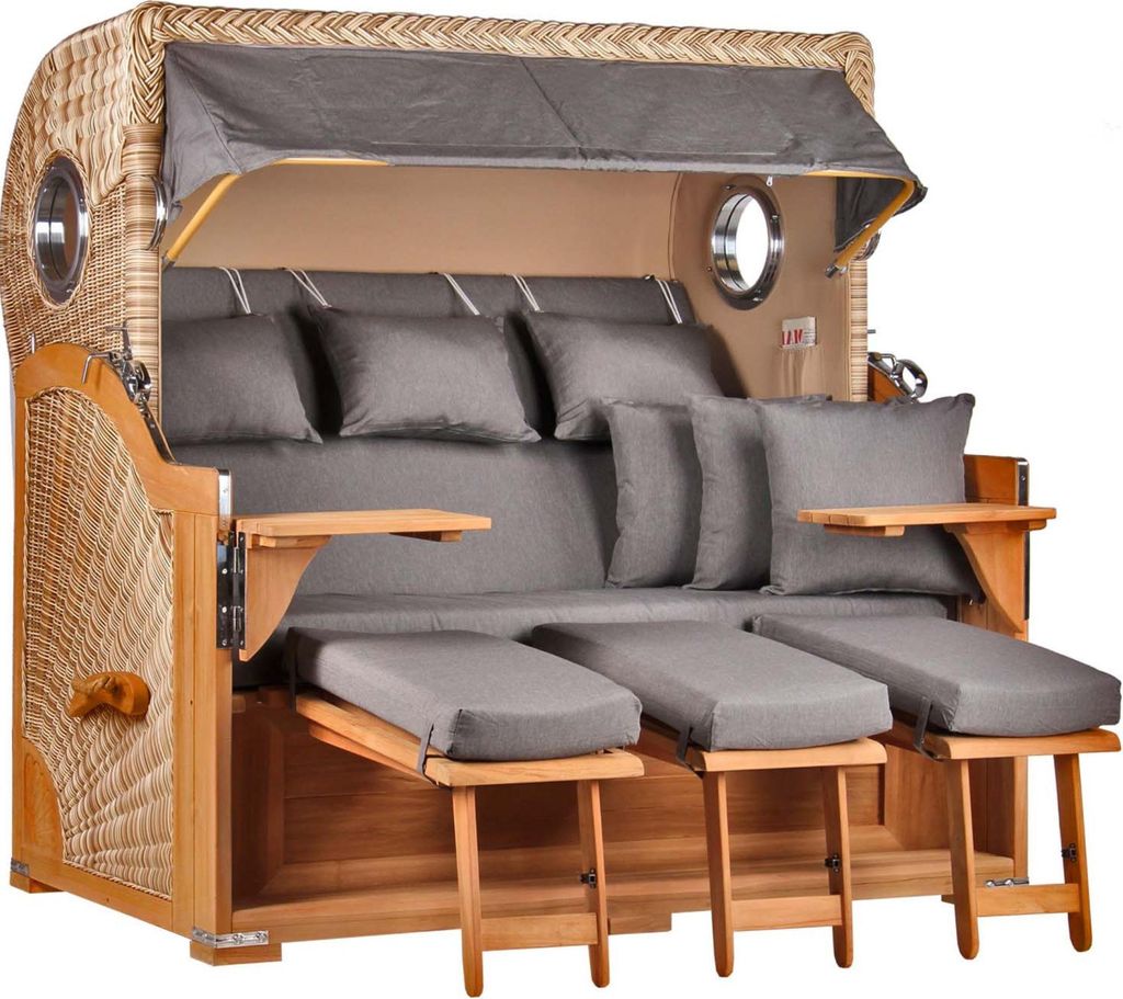 Strandkorb XXL Baltikum Dreisitzer aus Teakholz & PE-Geflecht mit Bullaugen