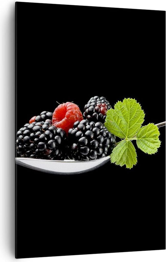 Bild auf Leinwand - Leinwandbild - Einteilig - Löffel Himbeere Brombeere Frucht - 80x120cm - Wand Bild - Wandbilder - Leinwanddruck - Wanddekorati...