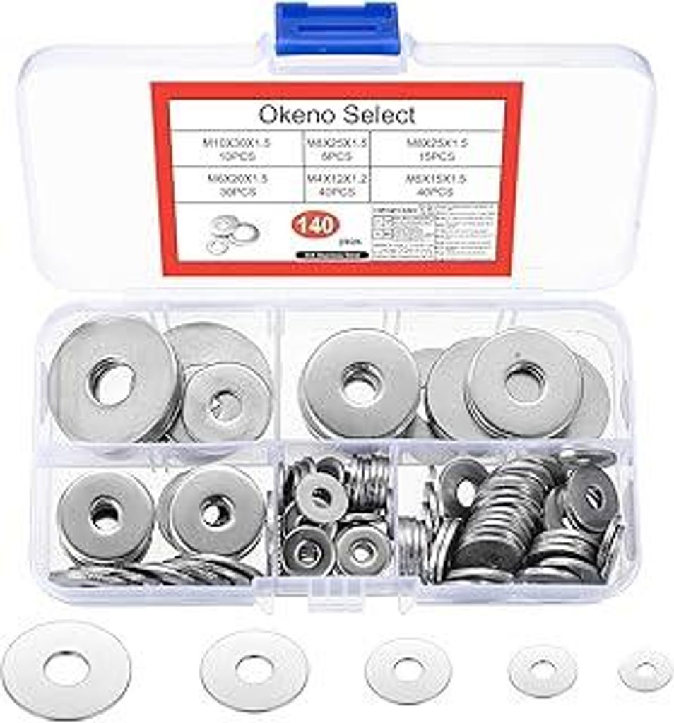 Okeno Select 140 Stück Edelstahl Unterlegscheiben Edelstahl, Flach Unterlegscheiben Set, Metall Karosseriescheiben Sortiment, Beilagscheiben Sorti...