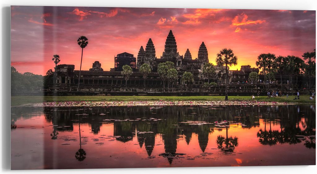 DEQORI Glasbild Echtglas 60x30 cm 'Angkor Wat in Morgenröte' Wandbild Bild modern Deko