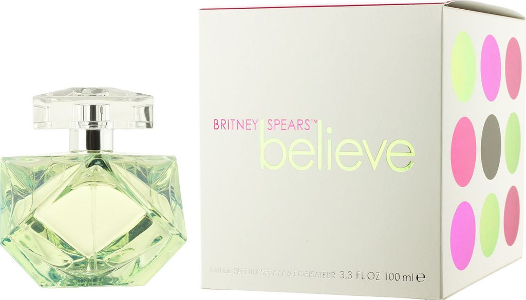 A perfume bottle and its packaging are displayed side-by-side against a white background.