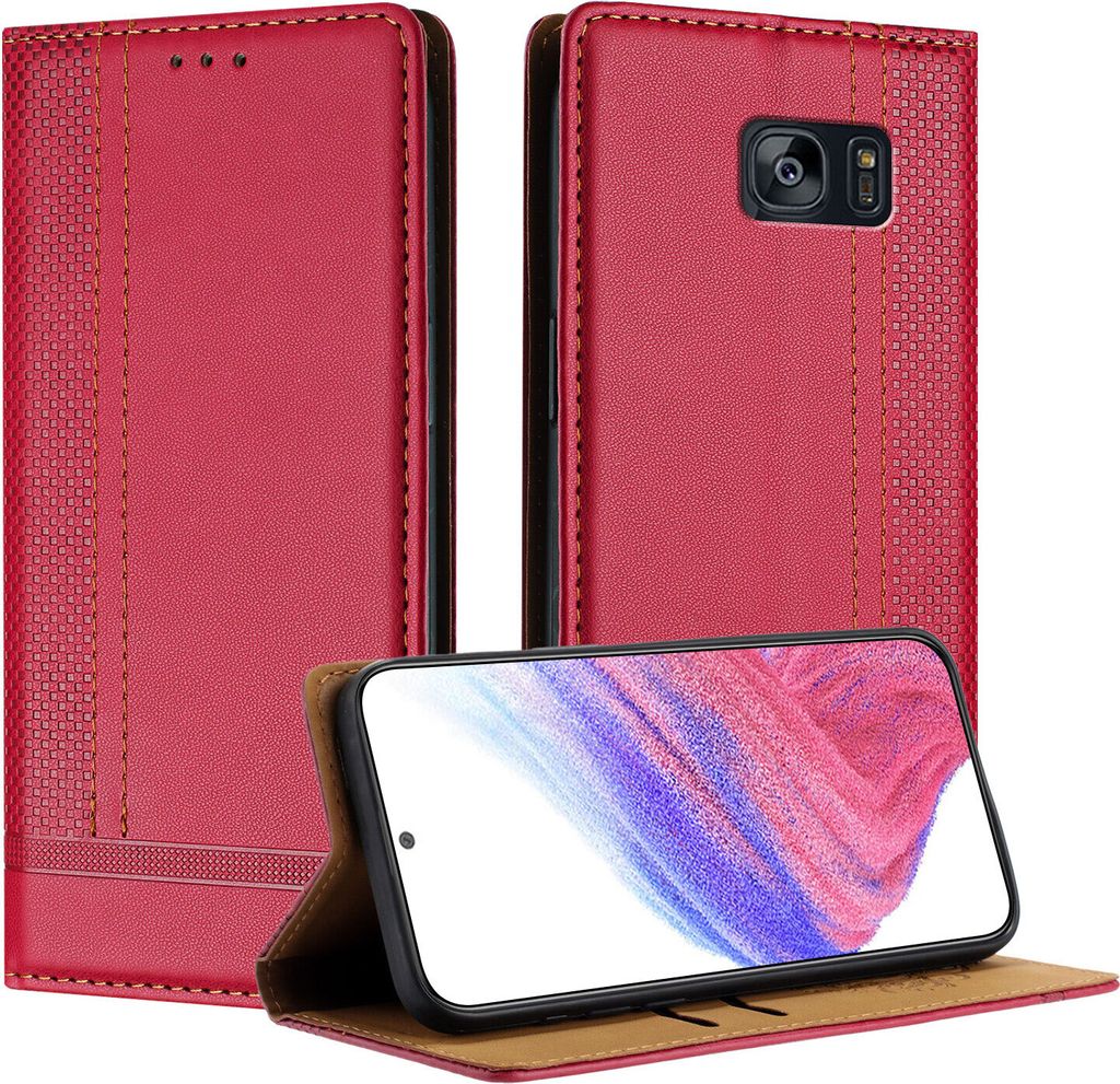 Handyhülle für Samsung Galaxy S7 Edge Leder Flip Klappbare Schutzhülle mit Standfunktion Rot