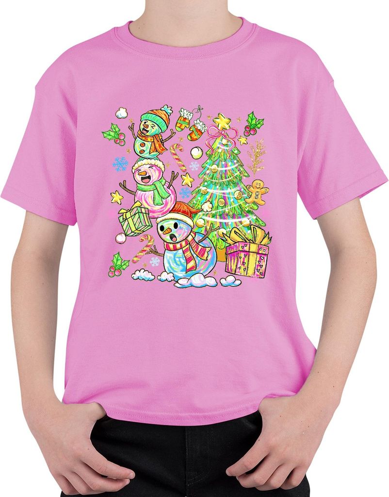 Weihnachten Schneemann Tannenbaum Zuckerstange Lebkuchen bunt Uni Kinder T-Shirt, Pink, 140