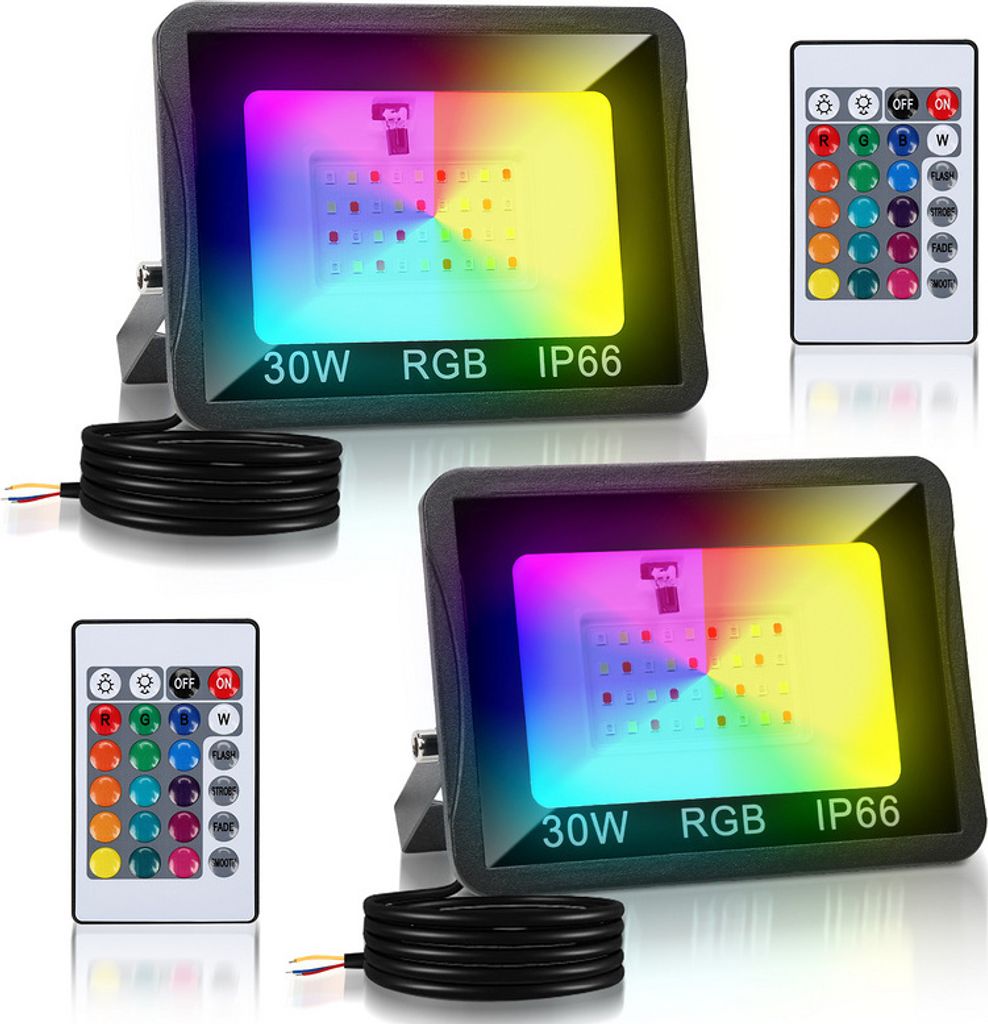 TolleTour 30W LED-Strahler RGB Außenstrahler mit Fernbedienung RGB LED Strahler LED Scheinwerfer RGB 2 Stück