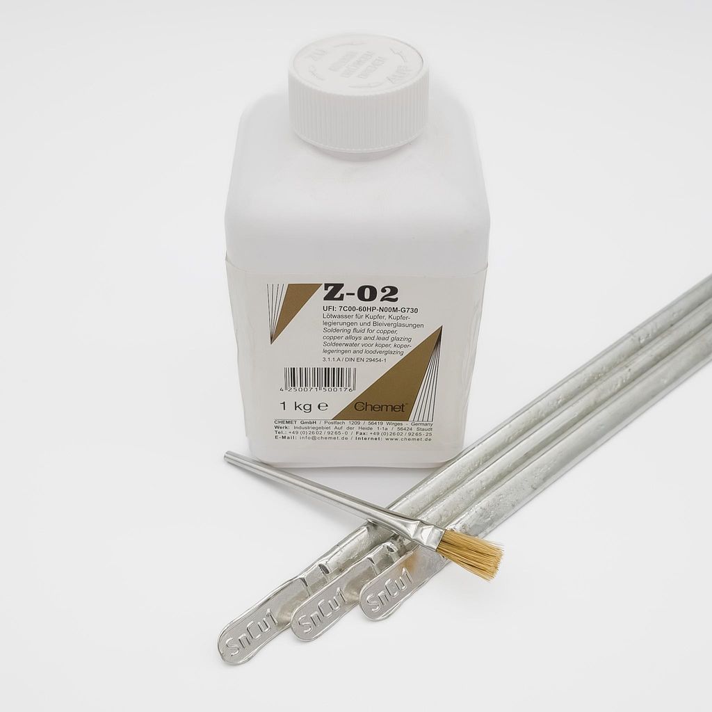 Lötwasser Z-02 für Zinnlote auf Kupfer und Bleiverglasungen, Gewicht: 1000 g inkl. gratis Pinsel + 1000 g SnCu0,7 Dreikantstangen