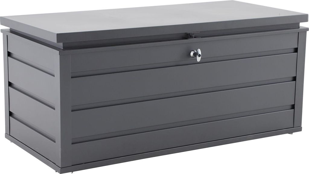 A gray storage box with a lid and a lock.