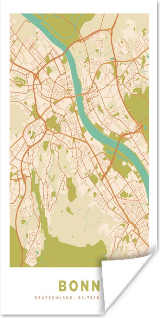MuchoWow Poster Karte - Bonn - Karte - Vintage - Stadtplan 40x80 cm - Dekoration
