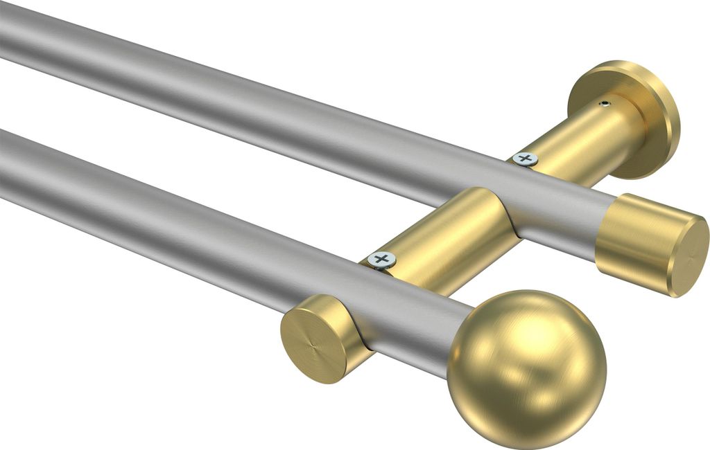 Interdeco Gardinenstange / Vorhangstange Silbergrau / Messing-Optik, Typ Platon Luino (Kugel) ohne Ringe, 20 mm Ø 2-läufig, 220 cm