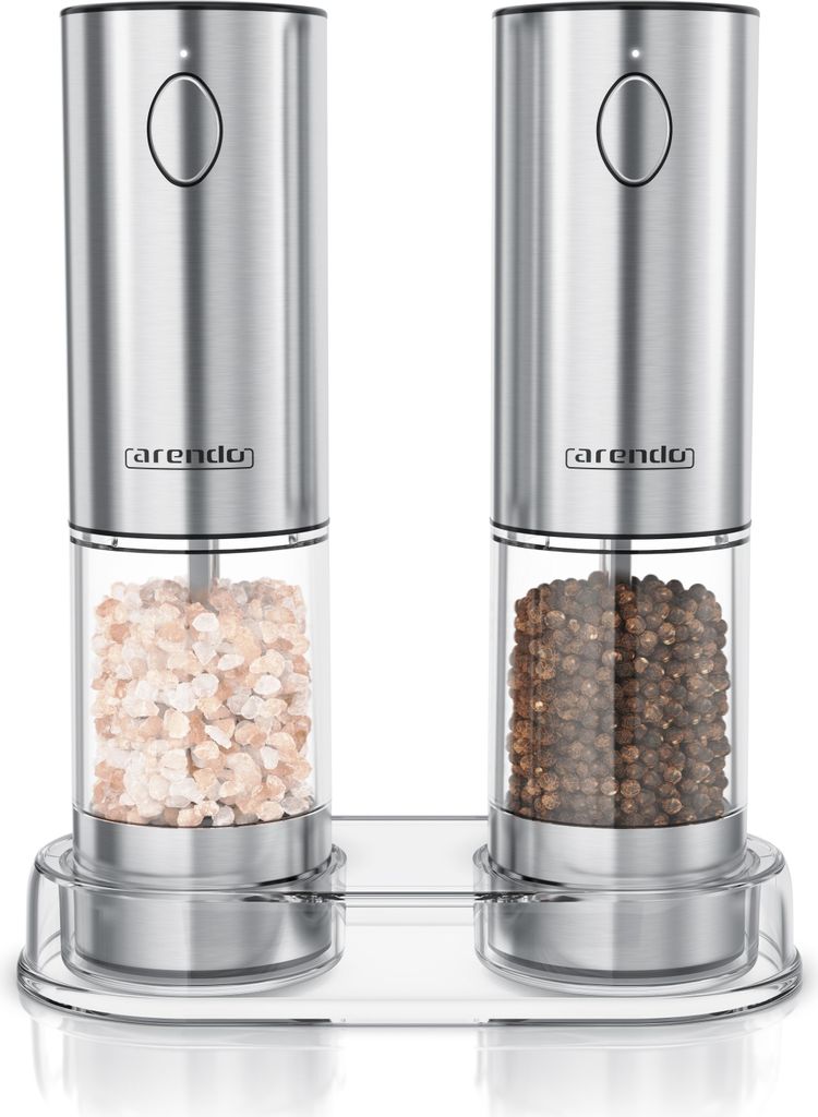 Arendo Salz und Pfeffermühle Set elektrisch, Gewürzmühlen elektrisch 2er Set, stufenlos einstellbar, Edelstahl, Keramikmahlwerk, LED-Beleuchtung...