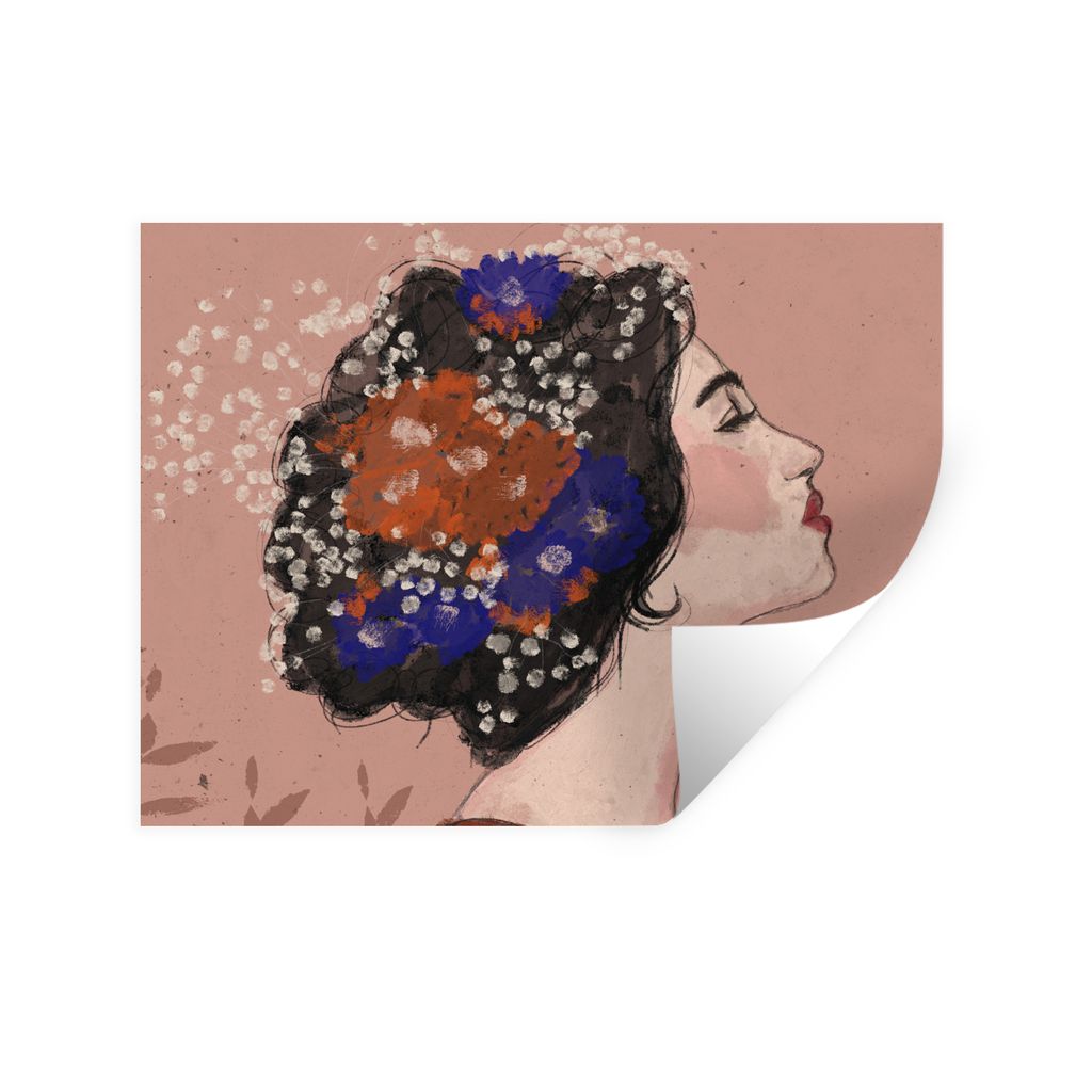 MuchoWow Wandtattoo Wandsticker Wandaufkleber Porträt - Blumen - Frau - Braun - Pastell 80x60 cm Selbstklebend und Repositionierbar - Faltenfrei