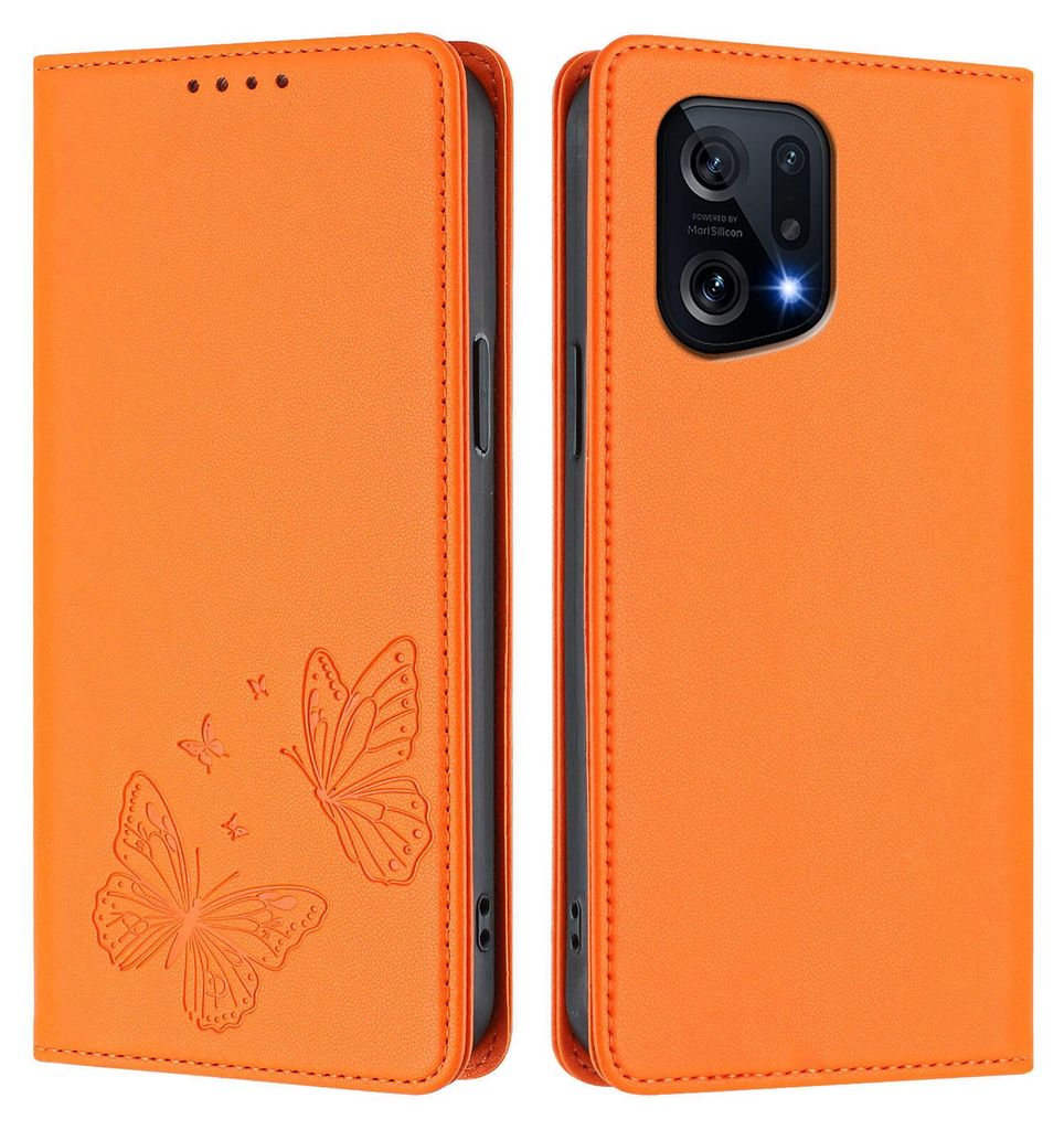 Lederhülle für Oppo Find X5, Schmetterling Prägung Leder Brieftasche Schutzhülle mit Ständer Orange