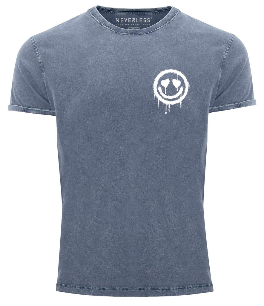 Herren Vintage Shirt Print Aufdruck Motiv Drip Face Drippy Smile Herz-Augen Lächeln Graffiti Fashion Streetstyle Neverless blau 3XL