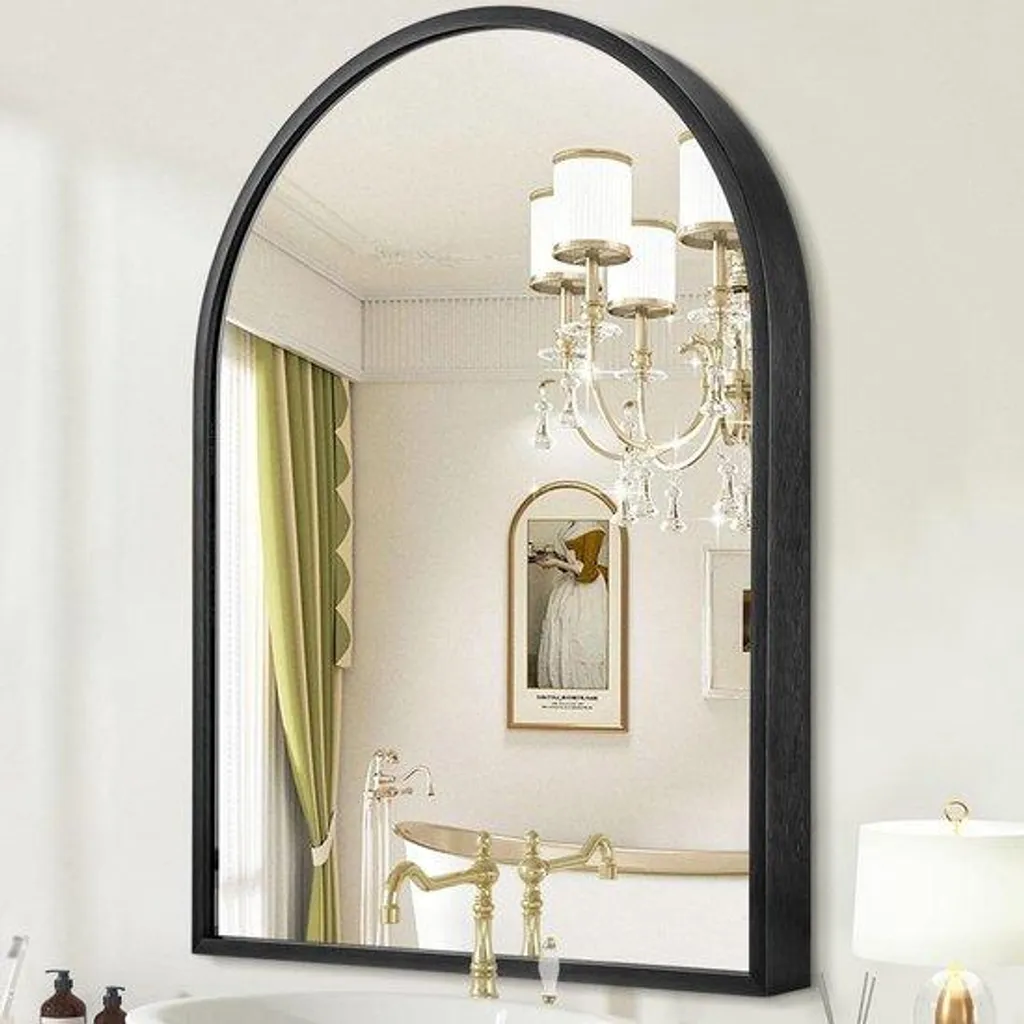 HLFMVWE Miroir Mural Incurvé Noir 40x30 cm Cadre Métal Brossé Salle de Bain