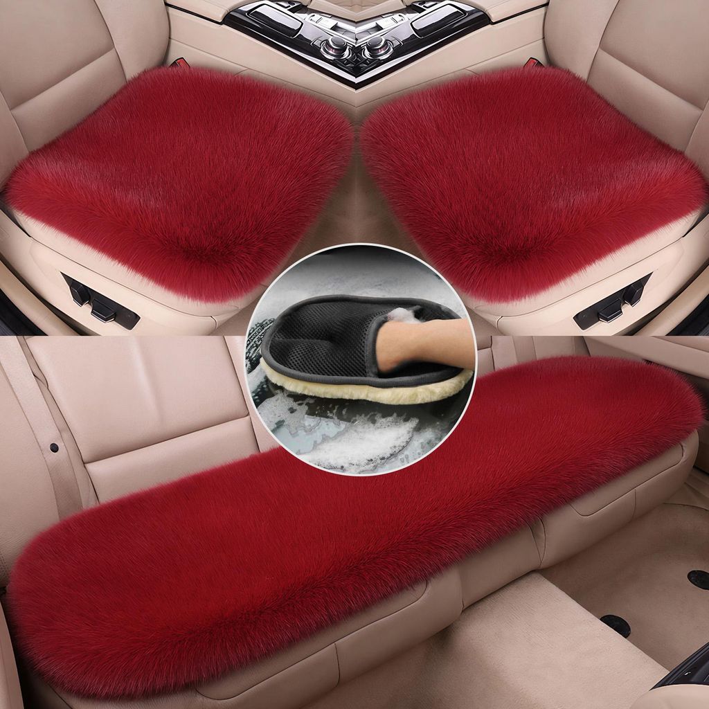 4 Stück Plüsch Autositzkissen Set, Universal Plüsch Auto Sitzauflagen für Vorderseite & Rückseite Winter Warme Autositzschoner,Weinrot