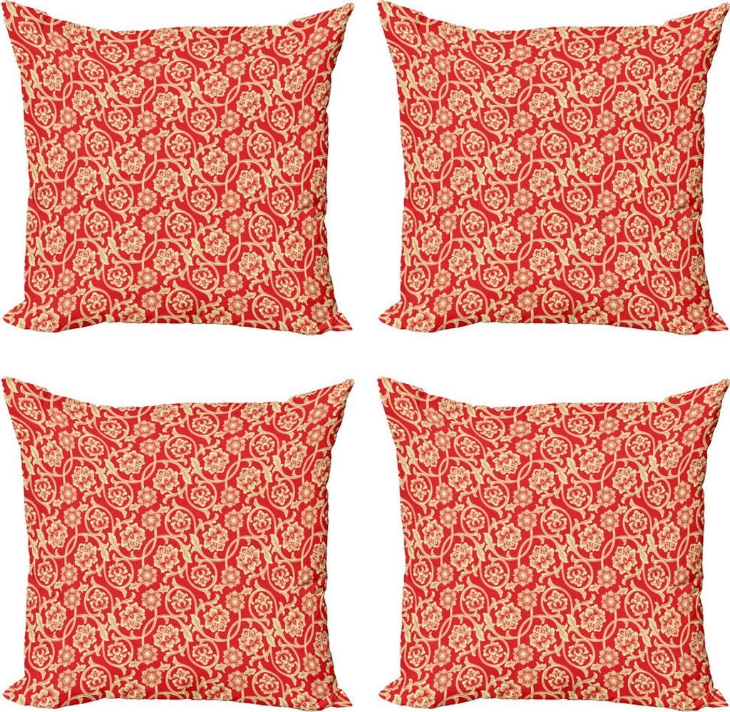 ABAKUHAUS Chinesisch Kissenbezug Set (4 Stück), Chinesische Blüten und Curls, Moderner Doppelseitiger Digitaldruck, 50 cm x 50 cm, Vermilion Beige