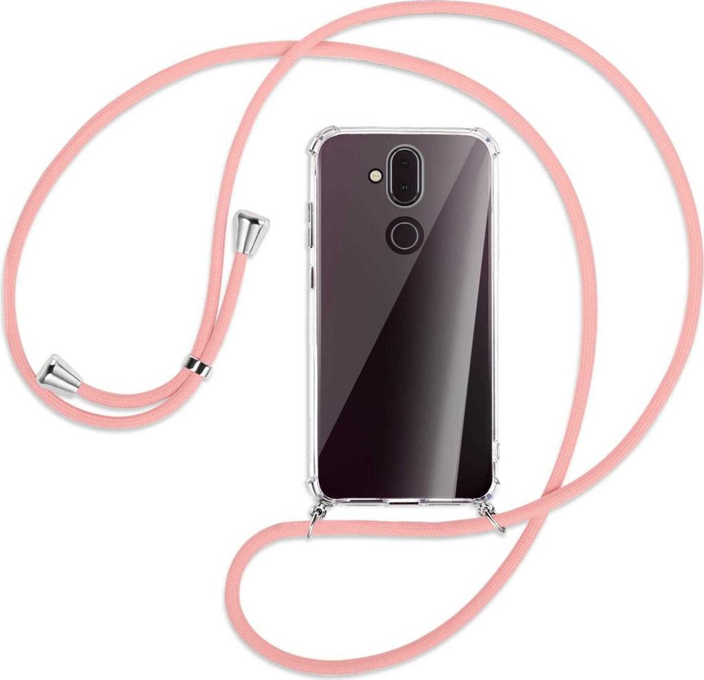Handykette Backcover-Schutzhülle mit Band (Metall silberfarben) für Nokia 8.1 - rosa