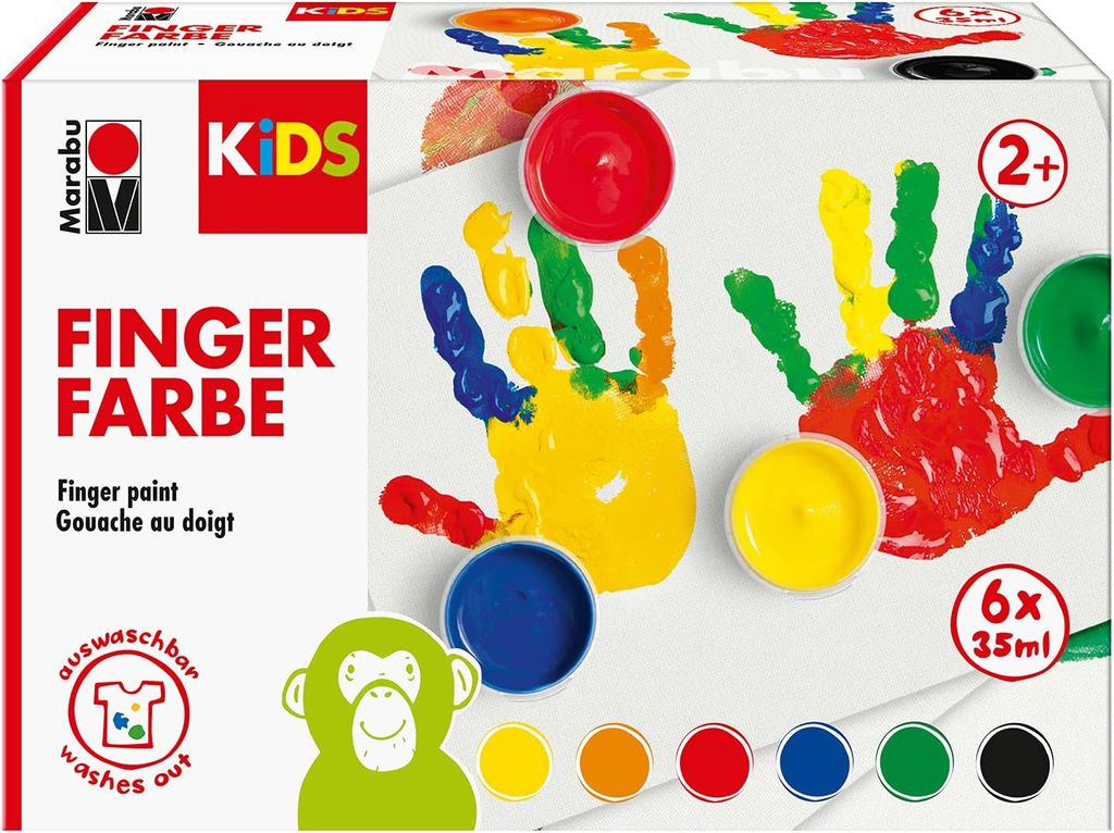 A box of Marabu KIDS Finger paint with handprints made with the paint.