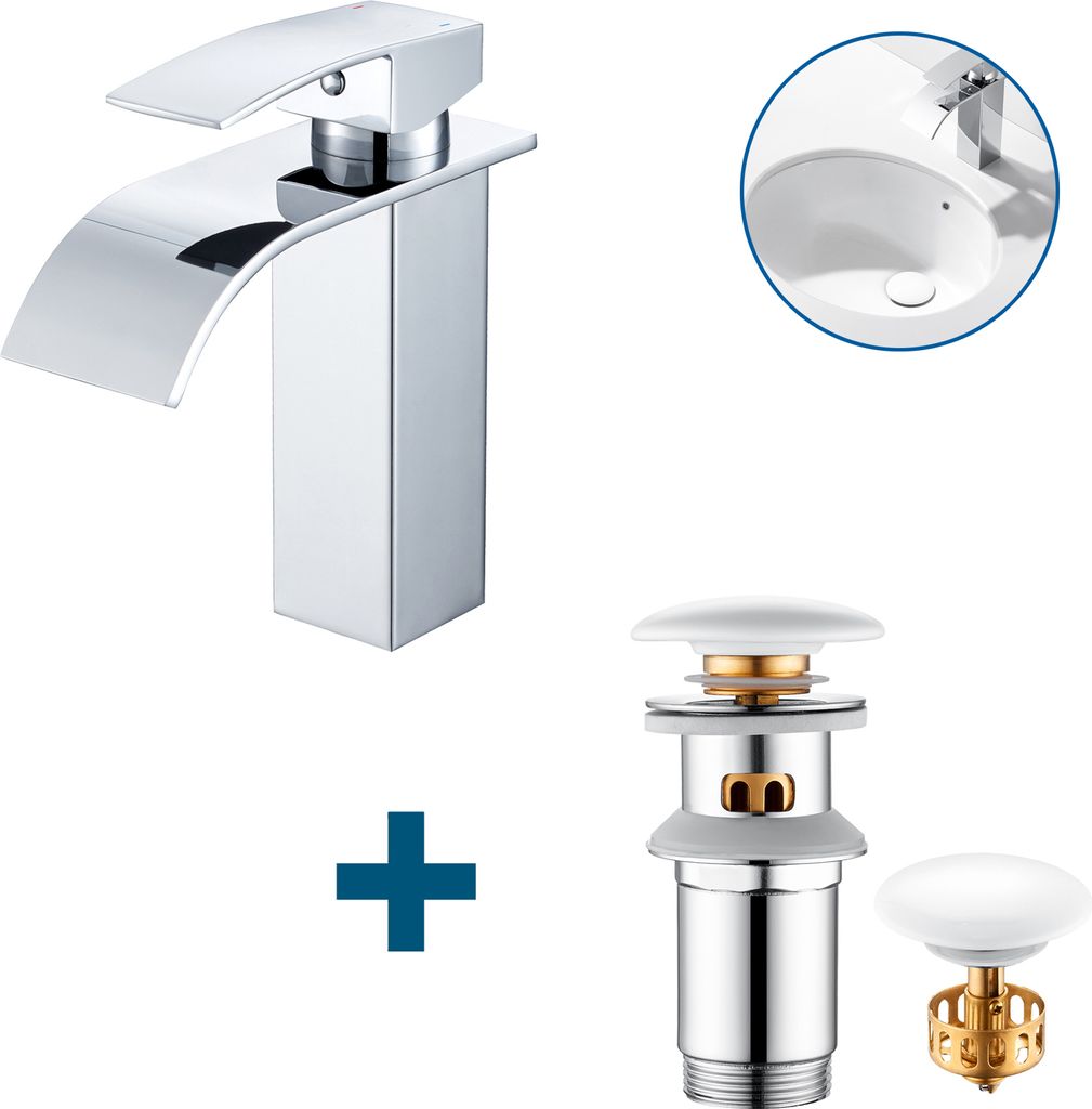 Waschtischarmatur Wasserfall Wasserhahn + Ablaufgarnitur mit Überlauf, Badarmatur mit Anti-Verstopfen Pop Up, Weiß