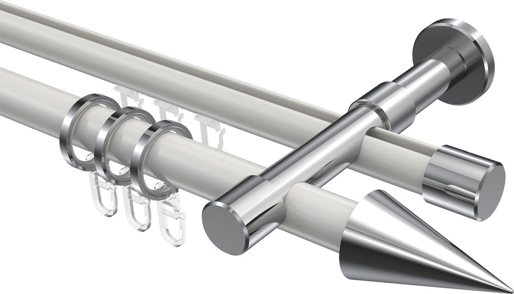Interdeco Rundrohr-Innenlaufstange / Gardinenstange (Kombination) Weiß / Chrom, Typ Prestige Savio (Kegel), 20 mm Ø 2-läufig, 120 cm