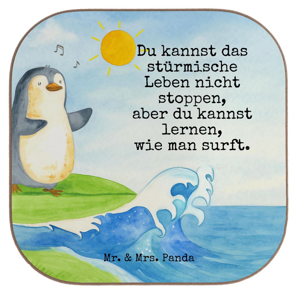 Mr. & Mrs. Panda Untersetzer Tasse Pinguin Surfer Design - Weiß - Geschenk, Gläser, Optimistisch, Glas, Urlaub, Lebensweisheit, gläseruntersetze...