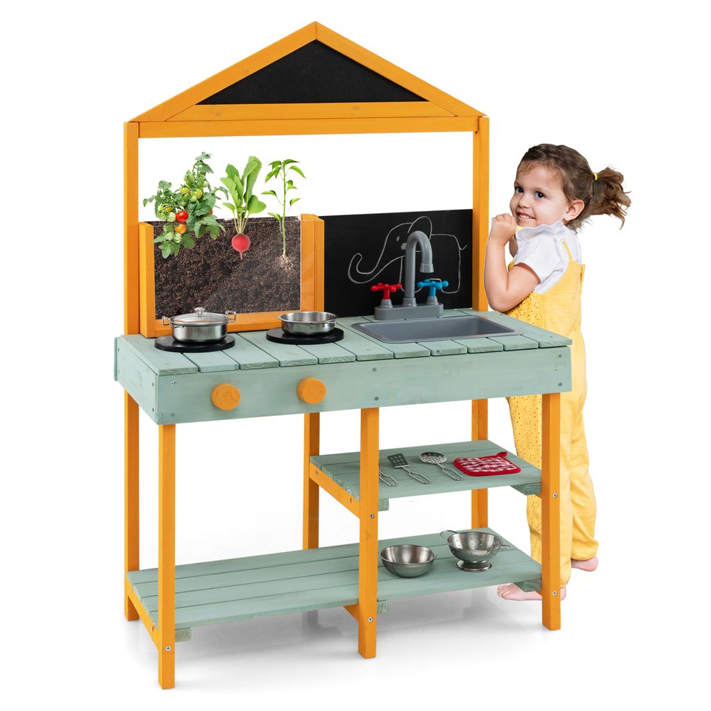 GOPLUS Matschküche für Kinder, Spielküche Kinderküche aus Holz mit 2 Tafeln, Pflanzbehälter, drehbarem Wasserhahn, abnehmbarem Waschbecken, 2 ...