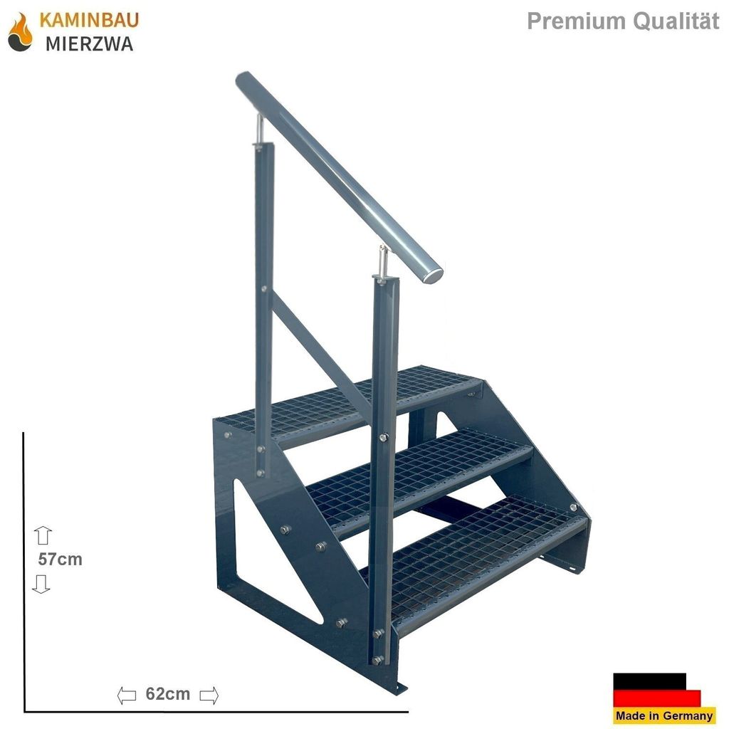 Gitterrost Stahl Freistehende Treppe 3 Stufen Verzinkt & Anthrazit Pulverlackiert + Geländer Links - (L x B x H) 63cm x 120cm x 57cm