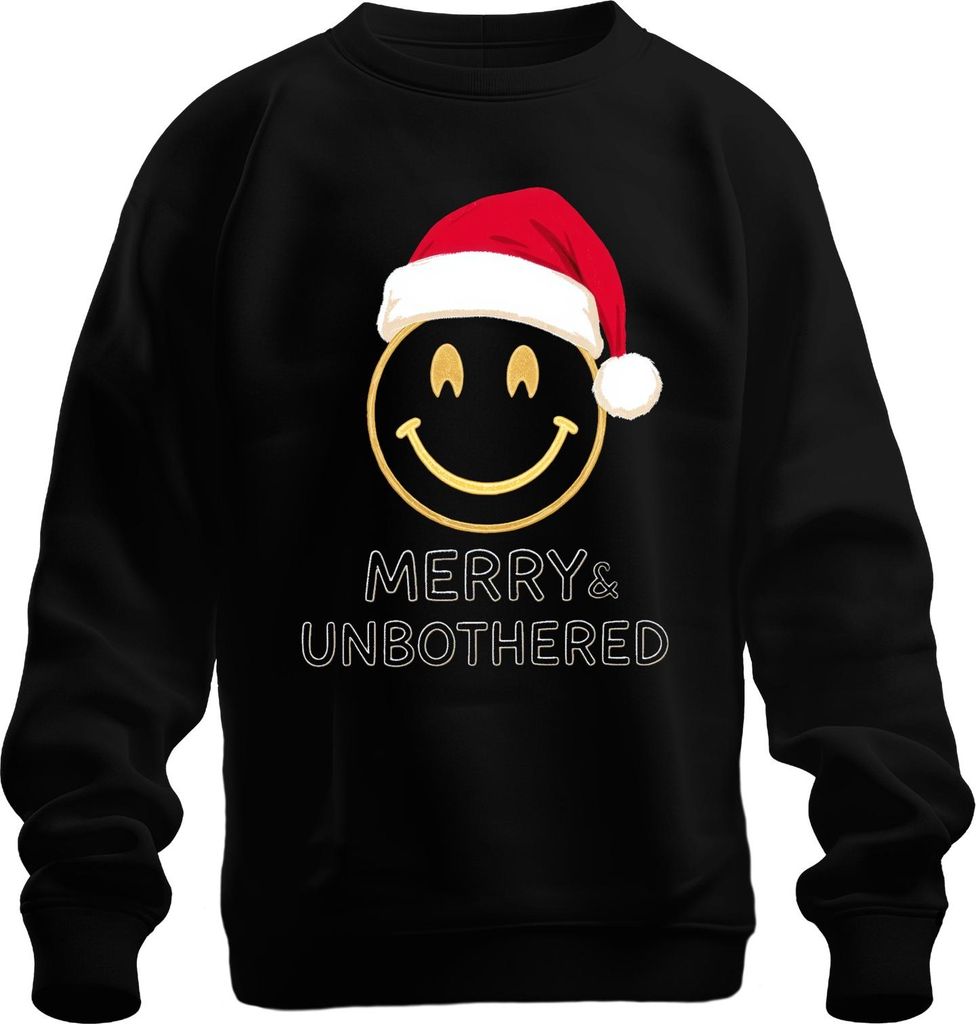 Merry & Unbothered Weihnachten Smiley Gold Santa Hut lustig Uni Sweatshirt Pullover, Schwarz, M