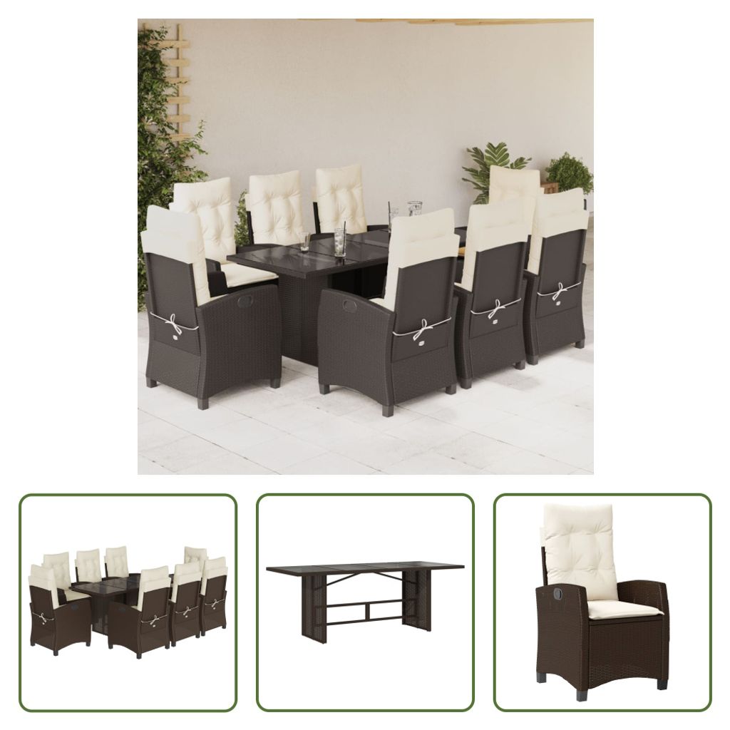 The Living Store 9-tlg. Garten-Essgruppe mit Kissen Braun Poly Rattan