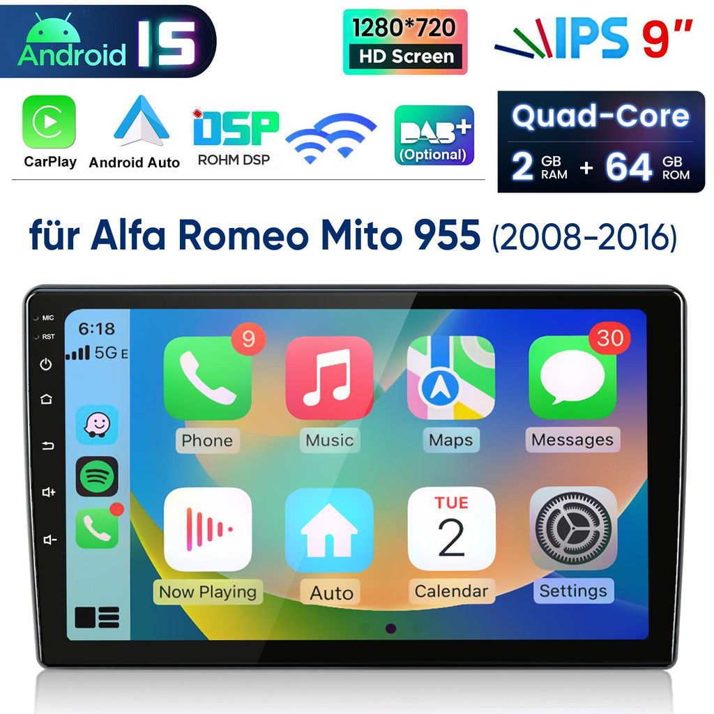 9 ” Carplay Android 15 Touchscreen Autoradio Für Alfa Romeo Mito 2008-2019 GPS Navi WIFI DAB+ BT USB SWC DSP 2+64G