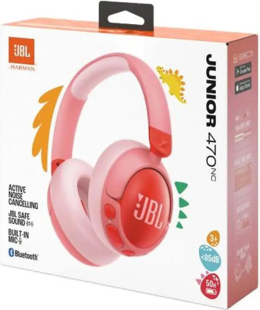 The image shows the retail packaging of JBL Junior 470NC wireless headphones for children. The packaging features a pink and red design with illustrations of dinosaurs and the JBL logo.