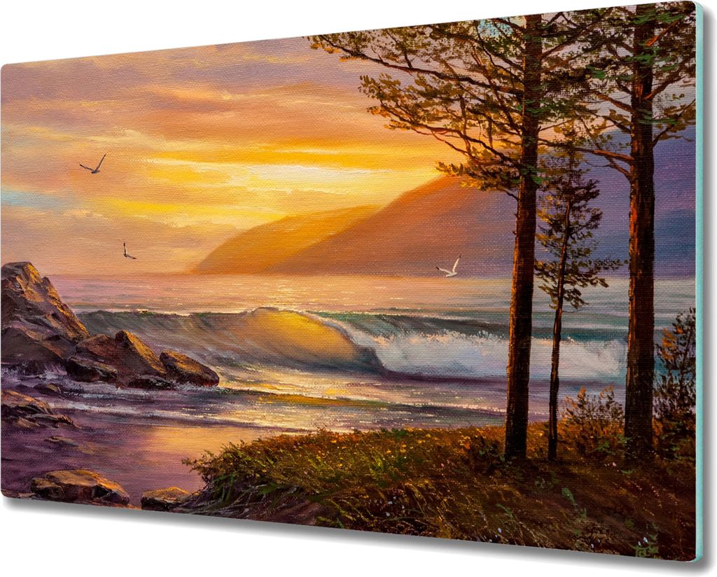 Coloray Hackbrett Küchenbrett Kochplattenabdeckung Schneidebrett Herdabdeckplatte 80x52 cm - Bäume Wellen Sonnenuntergang