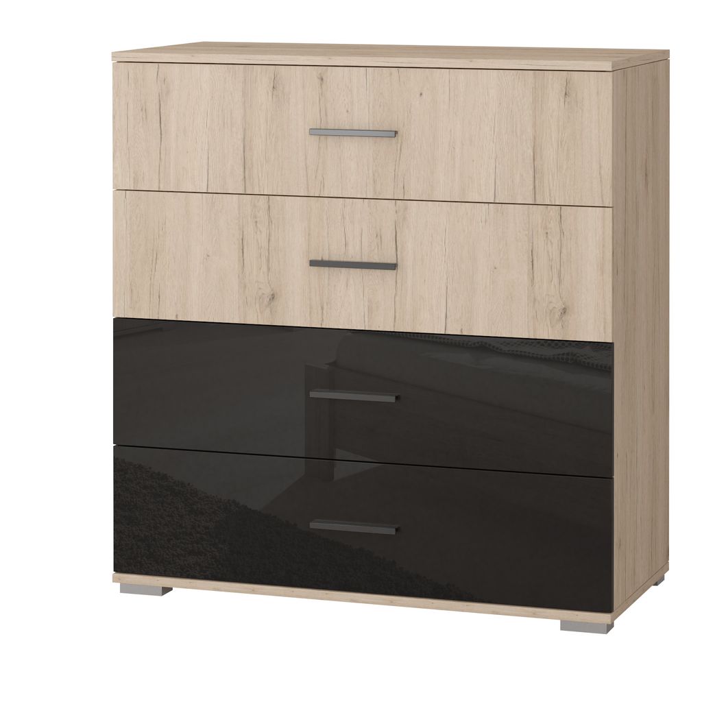 A chest of drawers with a wood grain finish on the top two drawers and high-gloss black finish on the bottom two drawers.