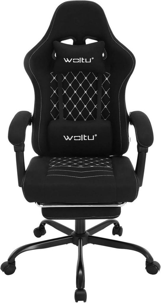 A black gaming chair is shown from the front against a white background.
