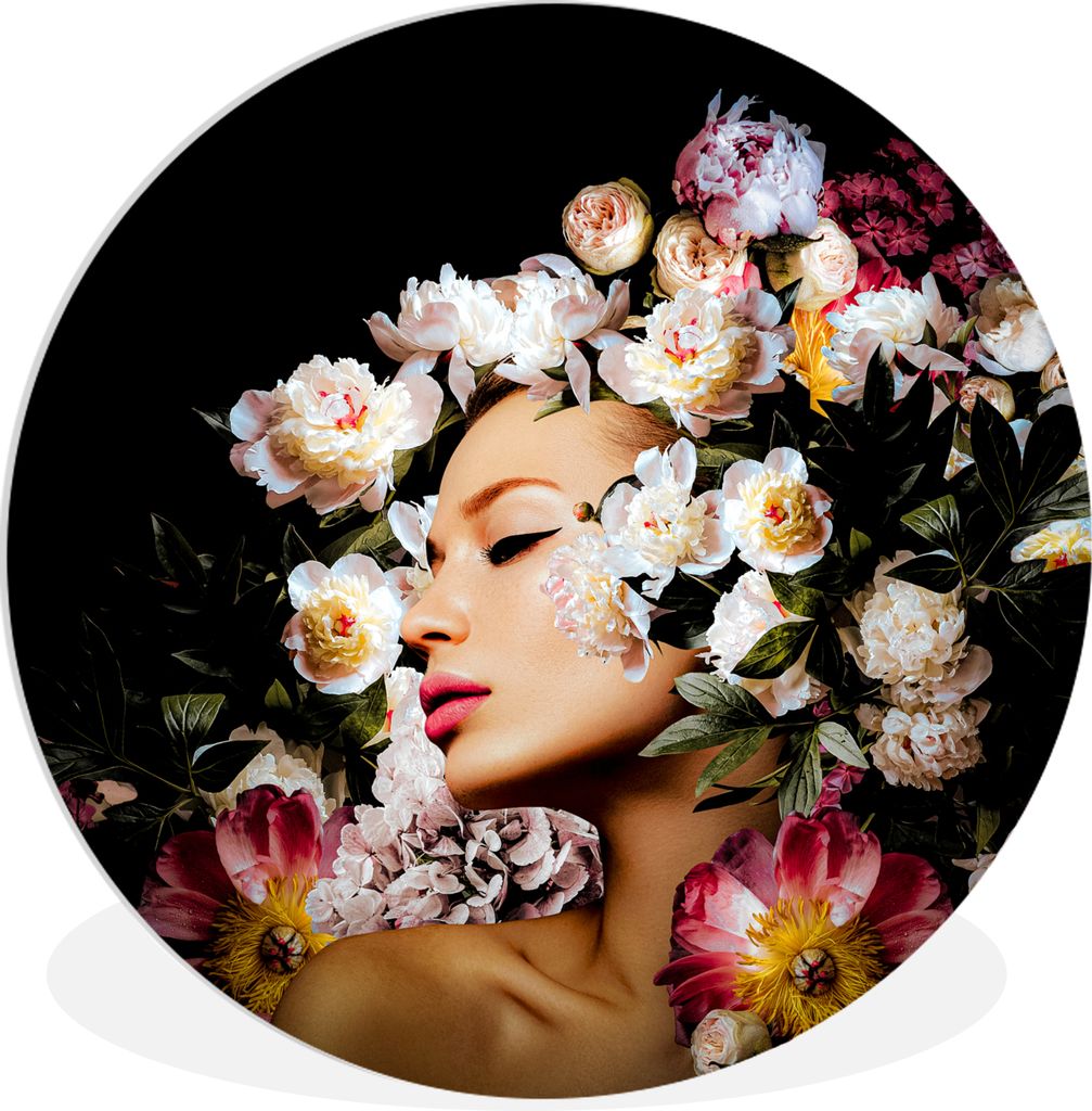 MuchoWow Rundes Wandbild - Runde Bilder Frauen - Blumen - Rosen - Porträt Ø 30 cm Kreis Wanddekoration Kunststoff - Wandkreis - Wandschmuck - S...