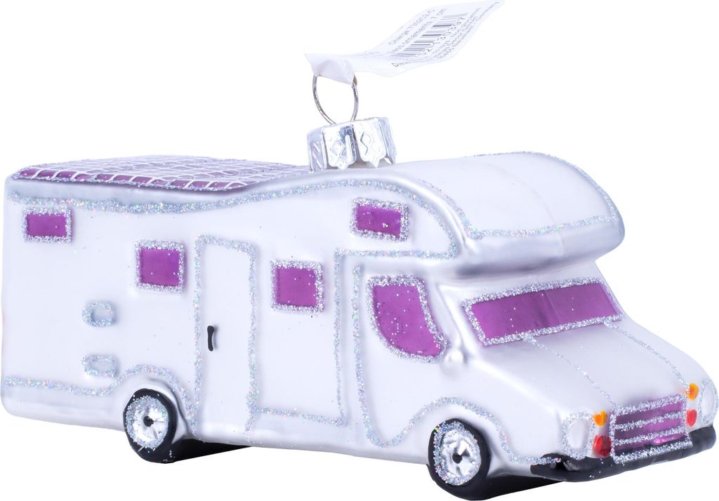 Christbaumschmuck Camper mit Glitzer Glas 7 cm weiß