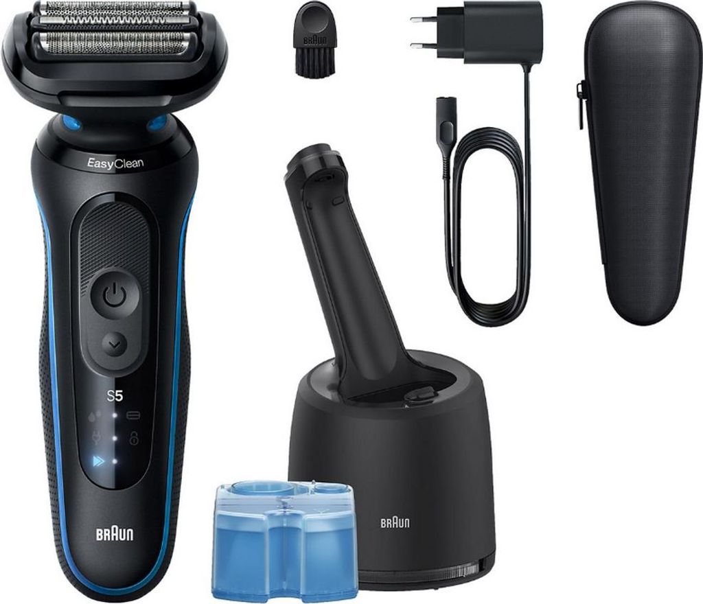 A collection of Braun electric shaver accessories is displayed against a white background.