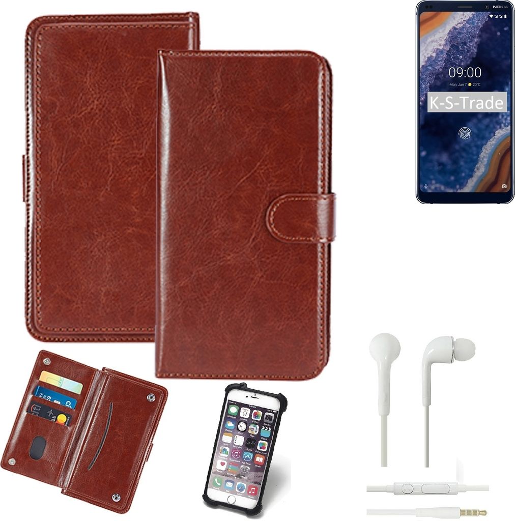 K-S-Trade 360° Hülle kompatibel mit Nokia 9 inkl. Headphones braun Kunstleder Case BookCase WalletCase Kunstlederederhülle Handyhülle,