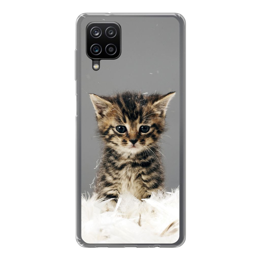 MuchoWow Handyhülle Schutzhülle Hülle für Samsung Galaxy A12 Katze - Kätzchen - Federn Silikon Softcase Handy Hülle - Bild