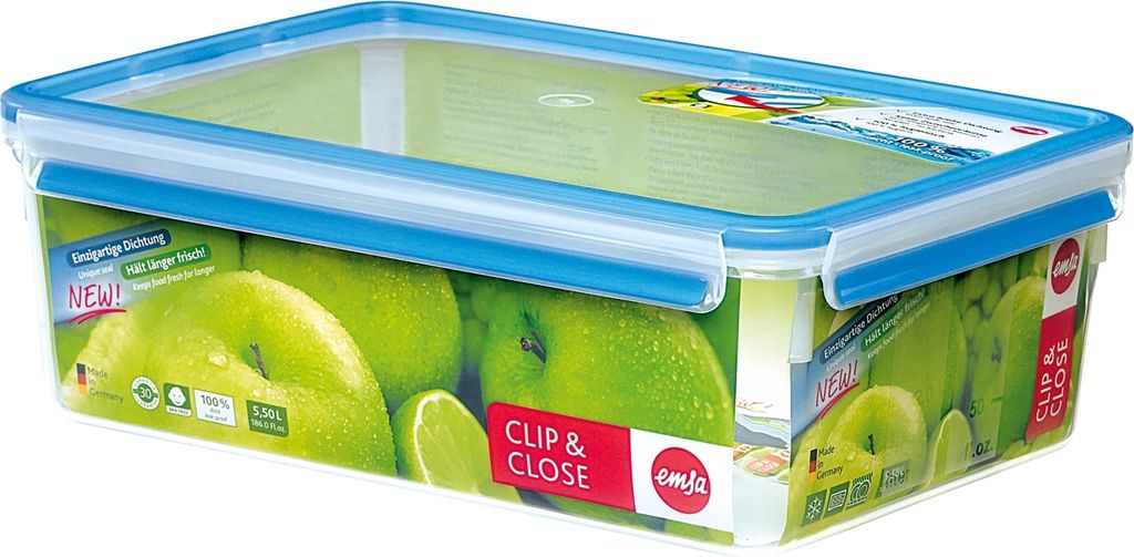 A rectangular food storage container with a blue lid and a transparent body, featuring a printed image of green apples and limes on the sides.