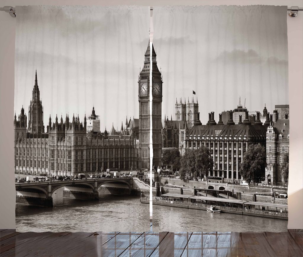ABAKUHAUS London Rustikaler Vorhang, Westminster mit Big Ben, Wohnzimmer Universalband Gardinen mit Schlaufen und Haken, 280 x 175 cm, Sepia Weiß
