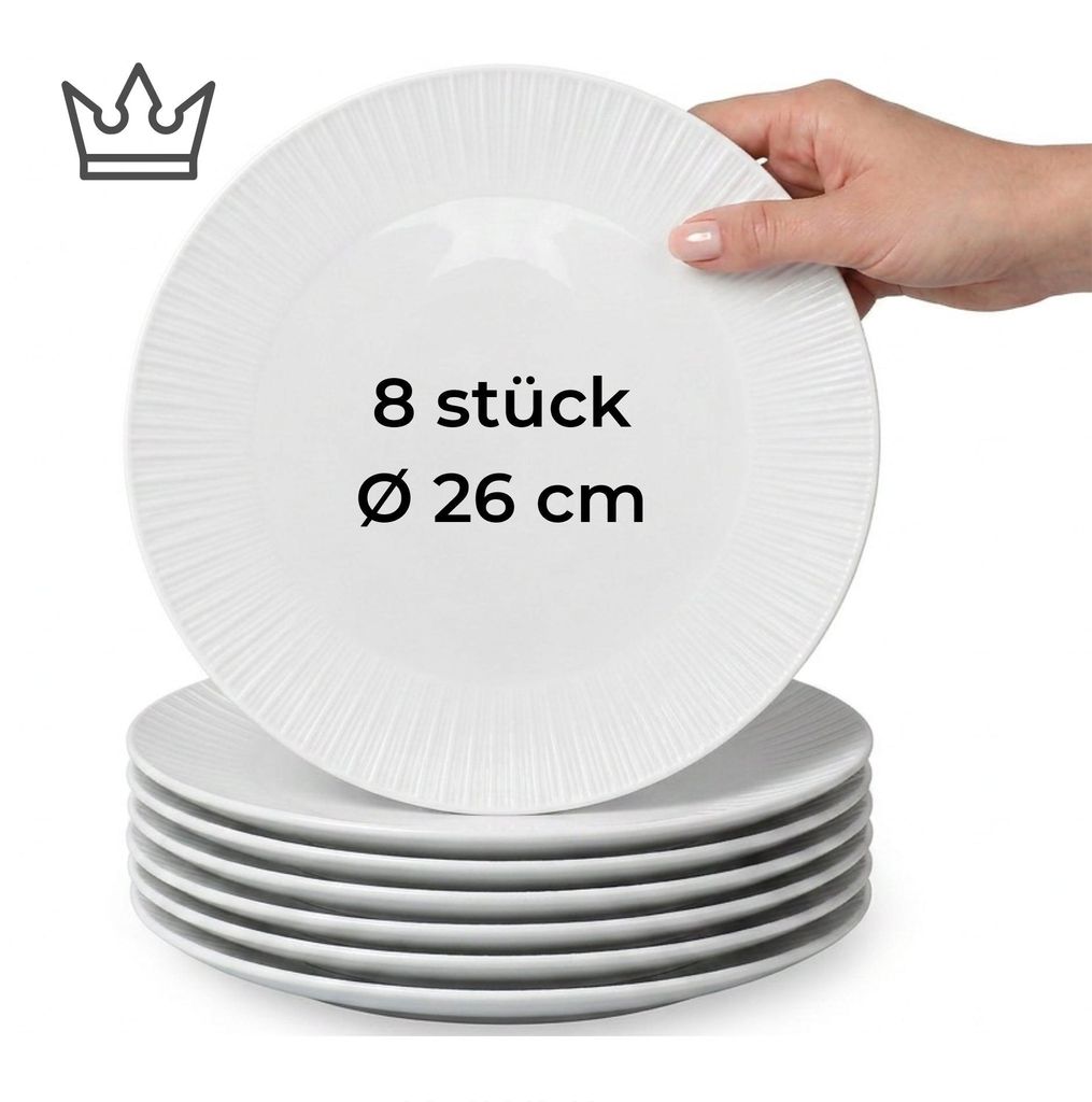 8er-Set Premium Porzellan Speiseteller Ø26 cm – Elegantes Rillendesign in edlem Weiß