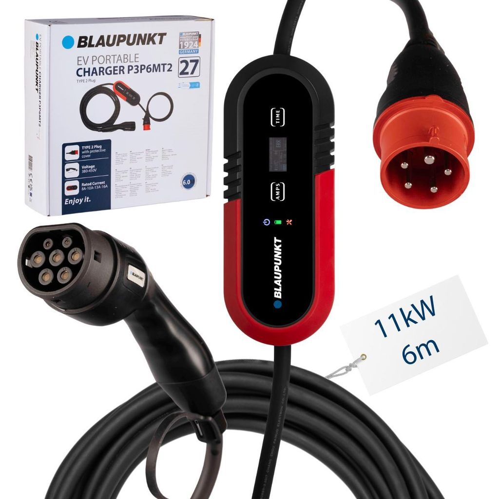 Blaupunkt Mobile Wallbox Ladestation 11kW Typ 2 Ladekabel für Elektroautos | 6m 3 phasig mit CEE Steckdose