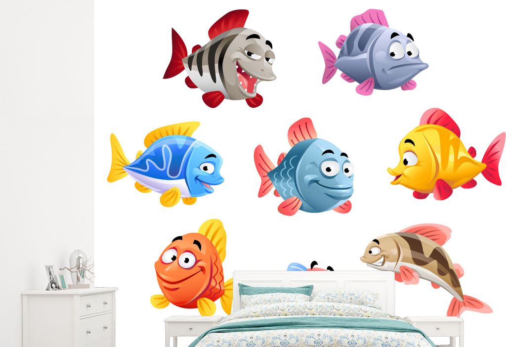 MuchoWow Fototapete für Wohnzimmer oder Schlafzimmer Wandtapete Vinyl Motivtapete Cartoon - Fisch - Farbe - 265x240 cm - Zimmer für Kinder