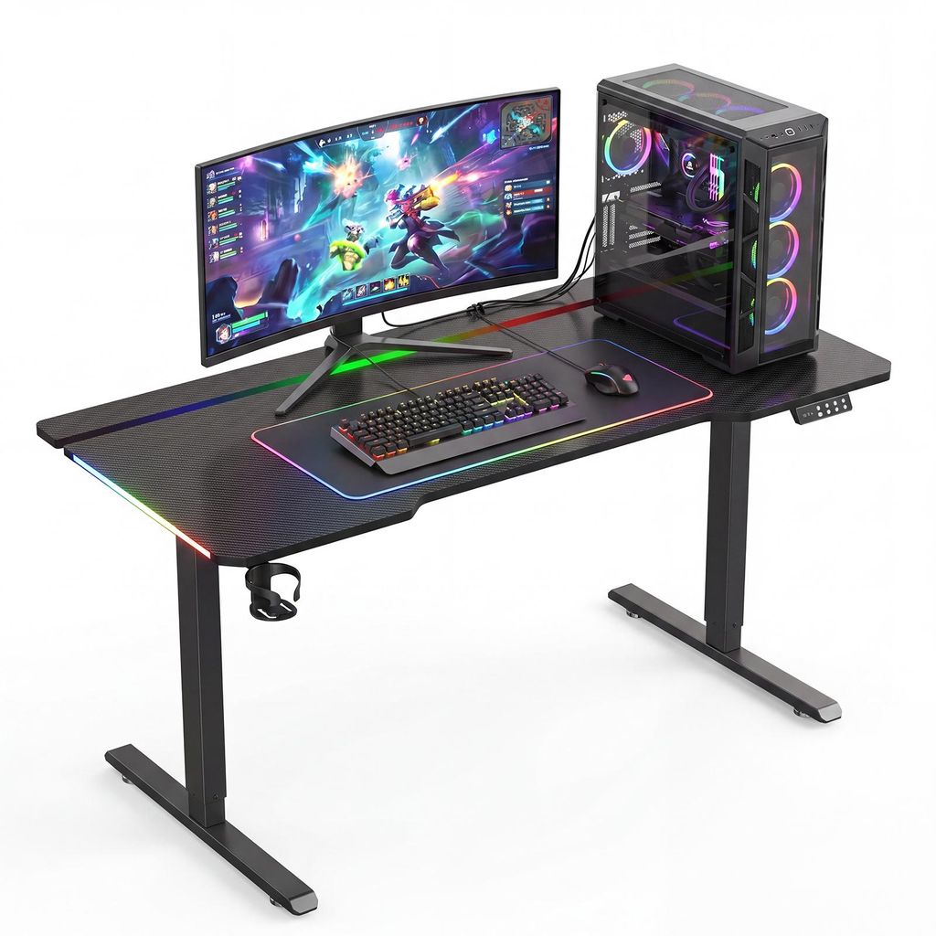 LED-Gaming-Tisch 120 x 60 cm, Gaming-Tisch mit LED-Beleuchtung, stabiler Computertisch mit Carbon-Optik, Gaming-Tisch mit Getränkehalter und Kopfh...