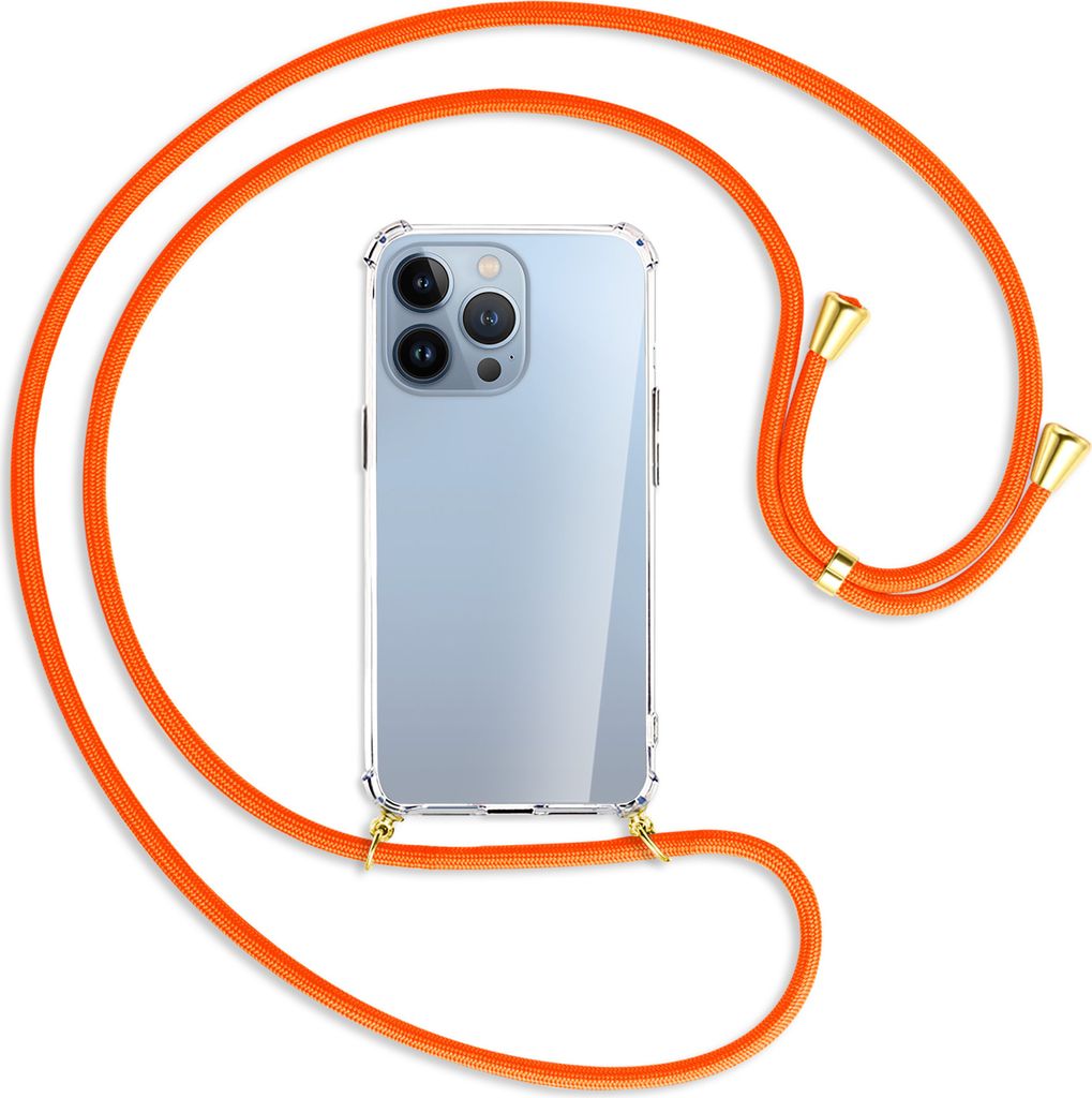 Handykette Backcover-Schutzhülle mit Band (Metall goldfarben) für Apple iPhone 13 Pro - neonorange