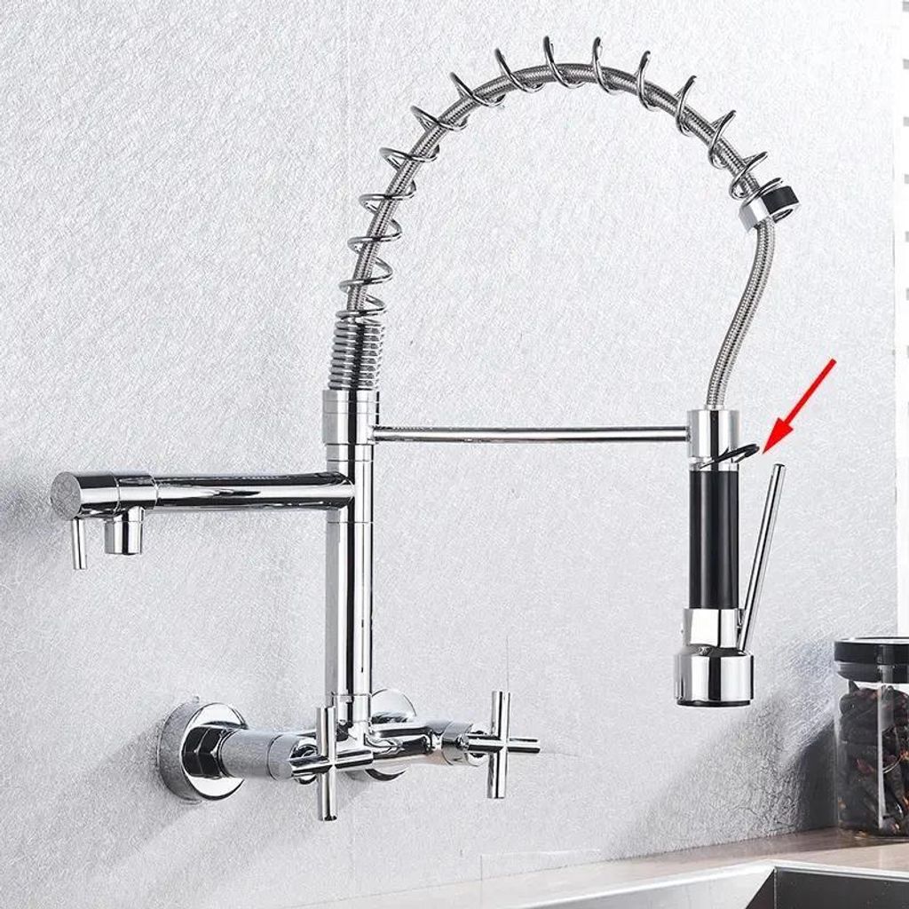 Küchenarmatur - Wandmontage Ausziehbrause - 2 Griffe, 2 Löcher - Flexibler Auslauf - Warm- und Kaltwasser - 304 Edelstahl - Keramik-Kartusche - C...